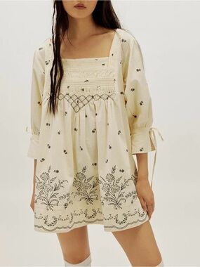 Free People Cream Mini Dress with Black Floral Embroidery